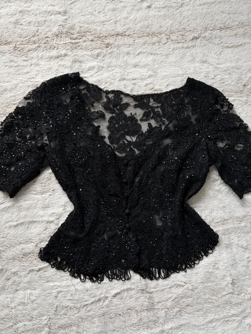 Vintage Black Beaded Lace Cardigan Flapper Gatsby Y2K Whimsy Goth Fairycore